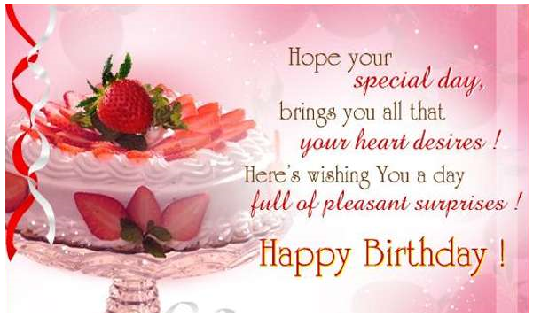 Happy birthday card image with pink background and image of cake and strawberry | Birthday Cards