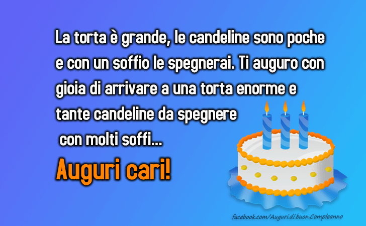 Auguri di Buon Compleanno: La torta e grande, le candeline sono poche e con un soffio le spegnerai. Ti auguro con gioia di arrivare a una torta enorme e tante candeline da spegnere con molti soffi...Auguri cari!