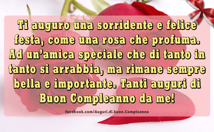 Auguri di Buon Compleanno: Ti auguro una sorridente e felice festa, come una rosa che profuma. 
Ad un amica speciale che di tanto in tanto si arrabbia, ma rimane sempre bella e importante. Tanti auguri di Buon Compleanno da me!