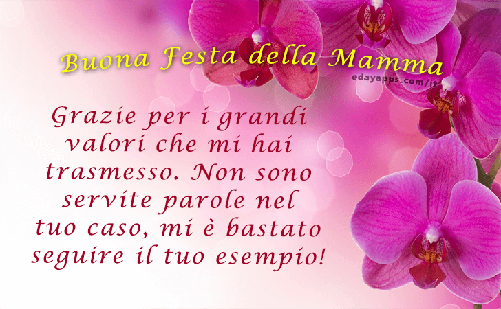 Grazie per i grandi valori che mi hai trasmesso. Non sono servite parole nel tuo caso, mi e bastato seguire il tuo esempio! Buona Festa della Mamma! | Festa della Mamma - Frasi e Immagini