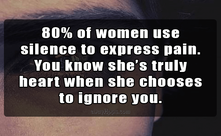 Quotes - best of | 80 percent of women use silence to express pain. 
You know she is truly heart when she chooses to ignore you.