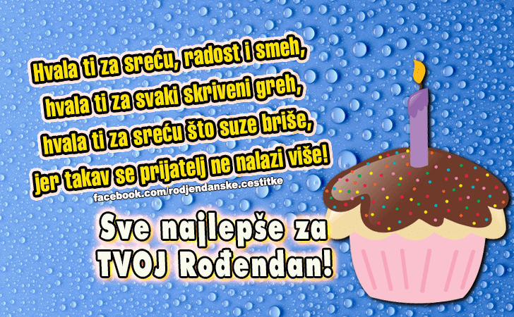 Rođendanske Čestitke (SLIKE) | Hvala ti za srecu, radost i smeh, 
hvala ti za svaki skriveni greh, 
hvala ti za srecu sto suze brise, 
jer takav se prijatelj ne nalazi vise!