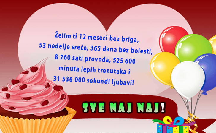 Rođendanske Čestitke (SLIKE) | Zelim ti 12 meseci bez briga, 53 nedelje srece, 365 dana bez bolesti, 8 760 sati provoda, 525 600 minuta lepih trenutaka i 31 536 000 sekundi ljubavi! Sve naj naj!